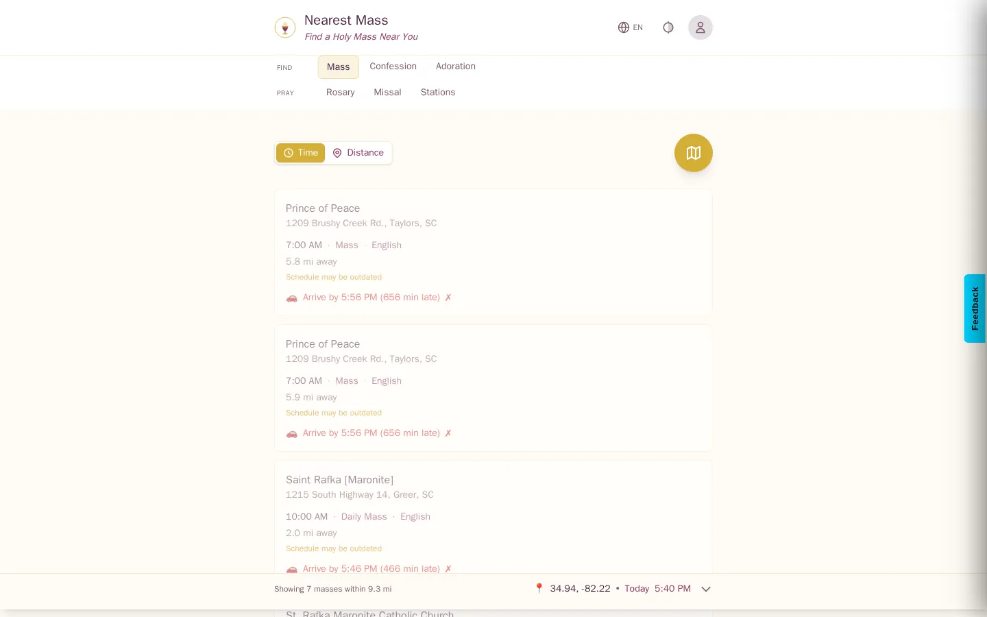NearestMass app showing reachable Mass times near you
