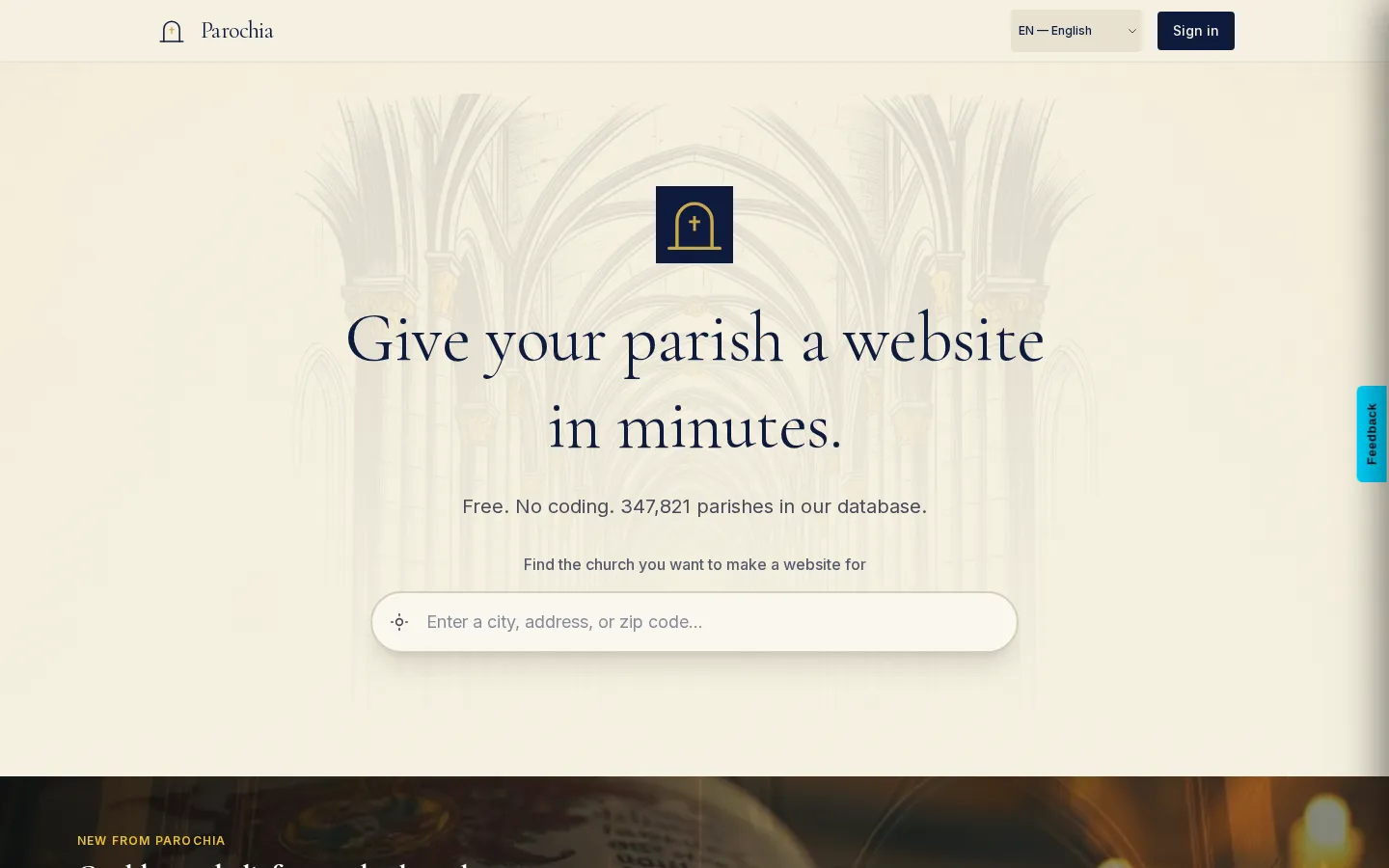 Parochia homepage — give your parish a website in minutes